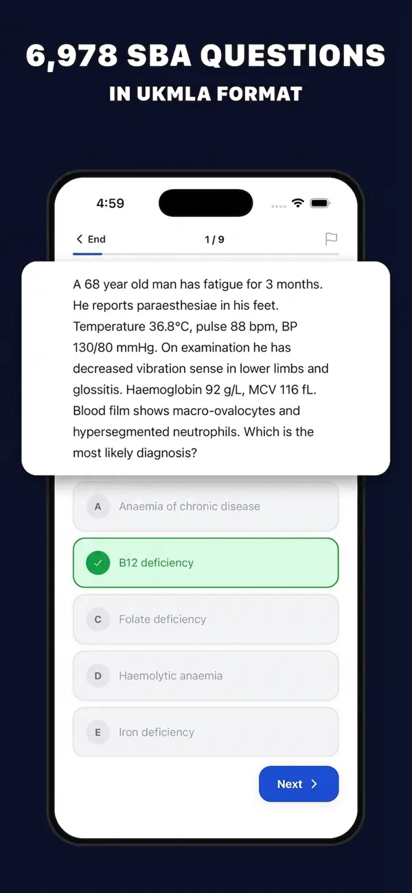 SBA practice question on vitamin B12 deficiency with five answer options and the correct answer highlighted