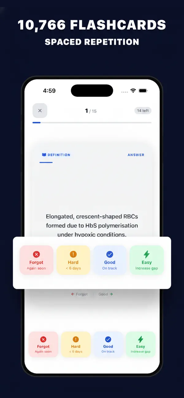 Flashcard review with Forgot, Hard, Good and Easy spaced-repetition ratings