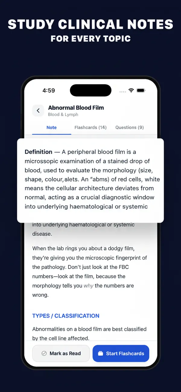 Clinical notes for the abnormal blood film topic with linked flashcards and questions tabs