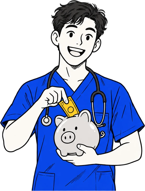 Illustration of a junior doctor dropping a banknote into a piggy bank