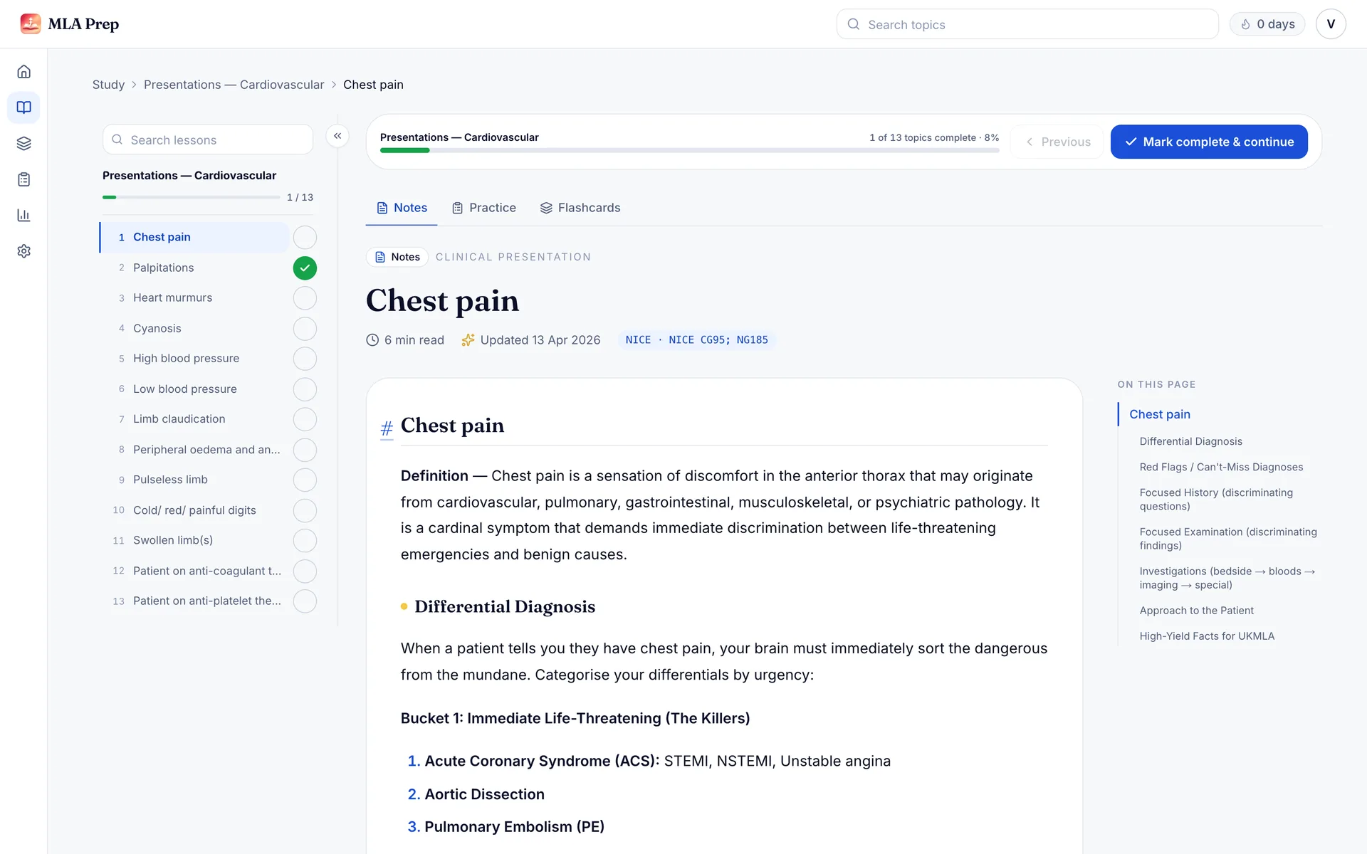 The MLA Prep lesson player: the Cardiovascular presentations topic list with a completed topic ticked, the Chest pain notes, and an On this page section list beside them.